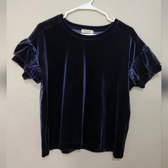 Madewell Velvet Ruffle Sleeve Top Size Small Blue - Picture 2 of 6